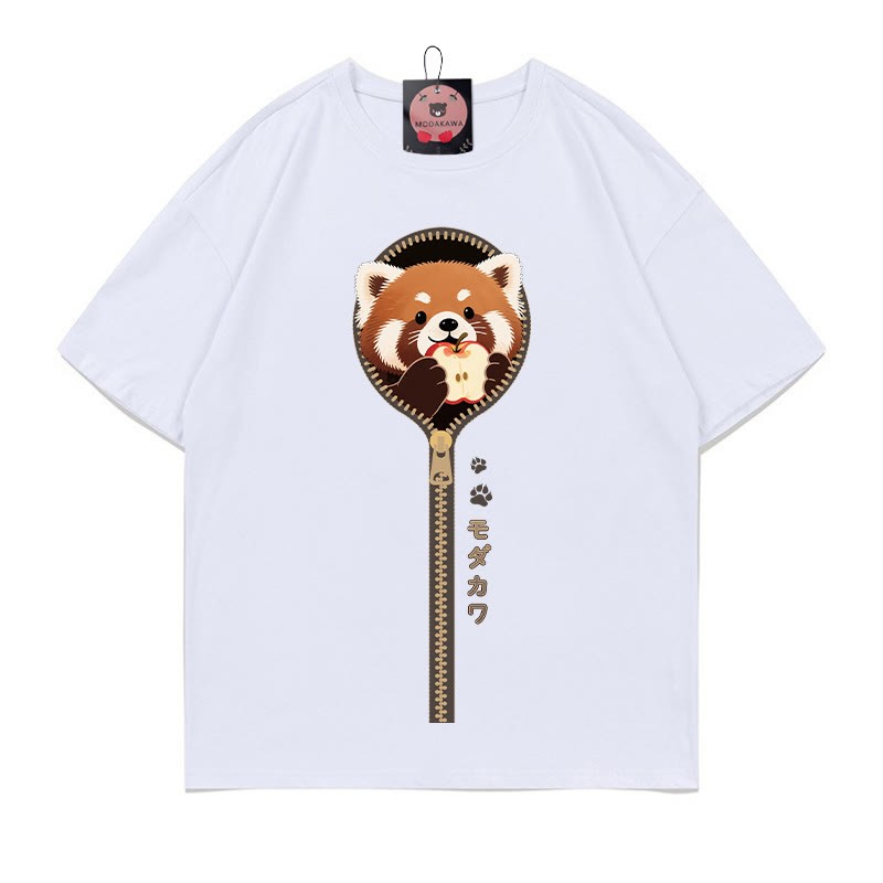 レッサーパンダ ジッパープリント100%綿ModakawaTシャツ - White - 5XL - image 3