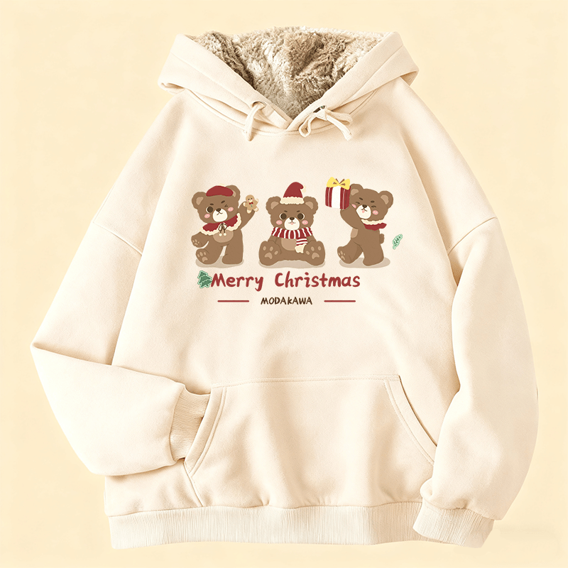 MODAKAWA クリスマスベア3匹のグラフィック 厚手フリース裏地冬パーカー - Beige - 2XL - image 2
