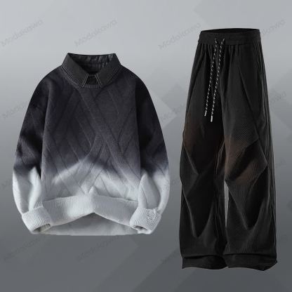 フェイクレイヤードニットセーター コーデュロイパンツ ツーピース - セットD - 3XL - image 4