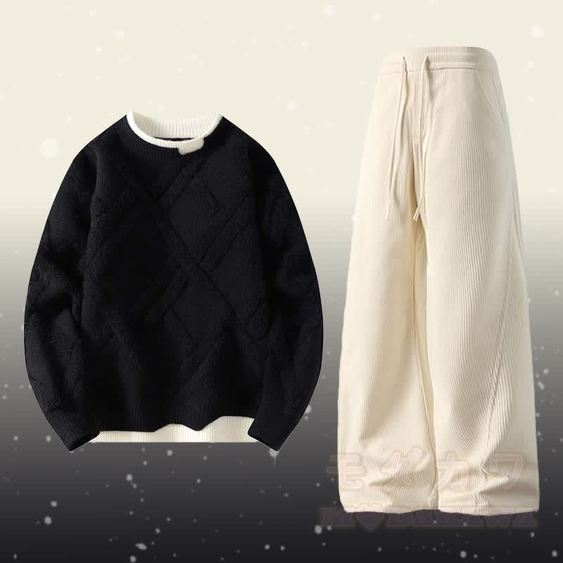 フェイクレイヤードニットセーター コーデュロイパンツ ツーピース - セットC - 4XL - image 3