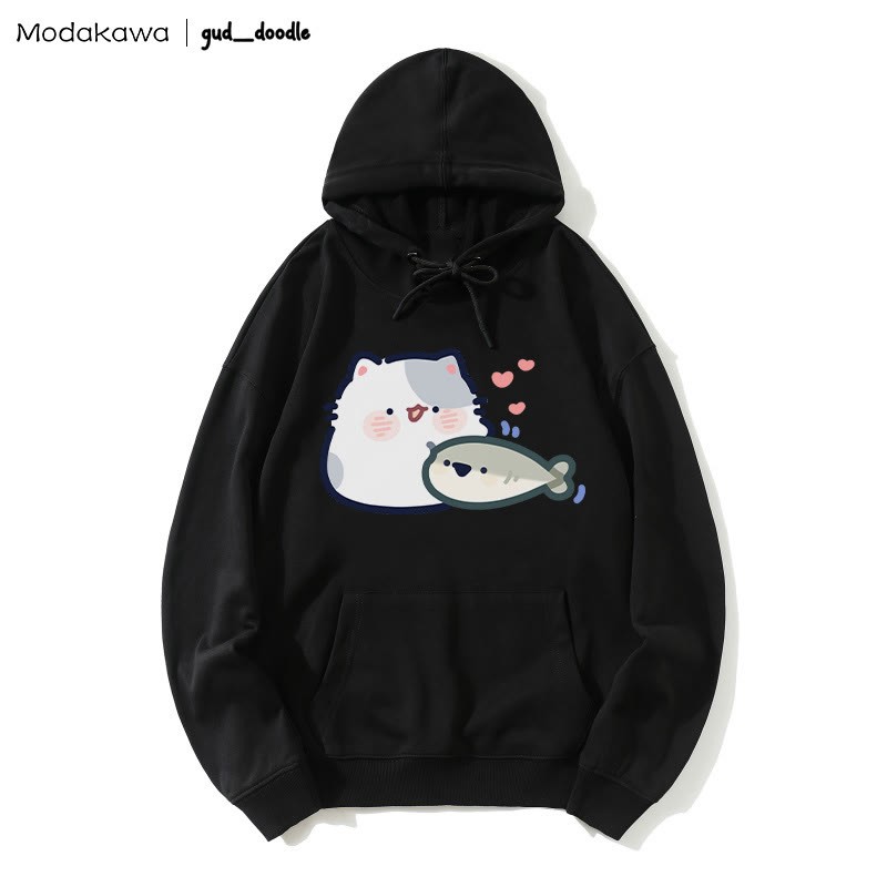 MODAKAWA X gud_doodleキティフィッシュプリント ルーズパーカー - Black - 5XL - image 4