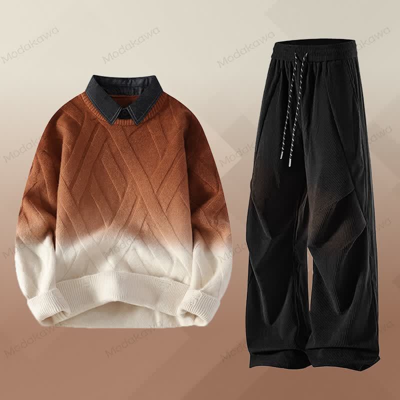 フェイクレイヤードニットセーター コーデュロイパンツ ツーピース - セットF - 3XL - image 6