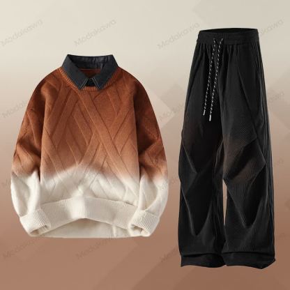 フェイクレイヤードニットセーター コーデュロイパンツ ツーピース - セットF - 3XL - image 6