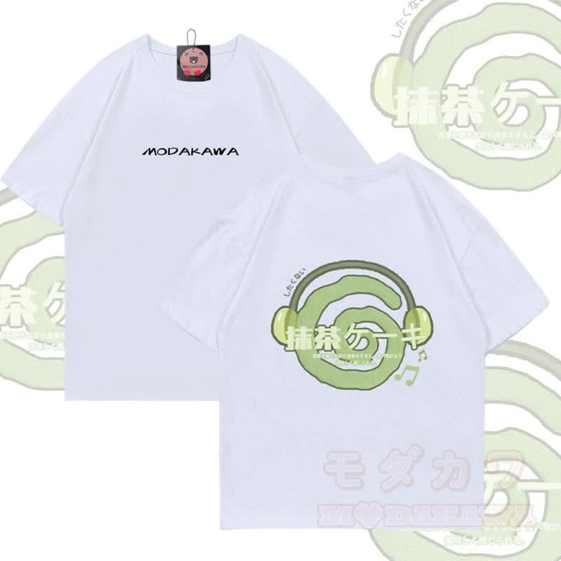 抹茶ヘッドフォングラフィックModakawa綿Tシャツ - 白 - 5XL - image 3