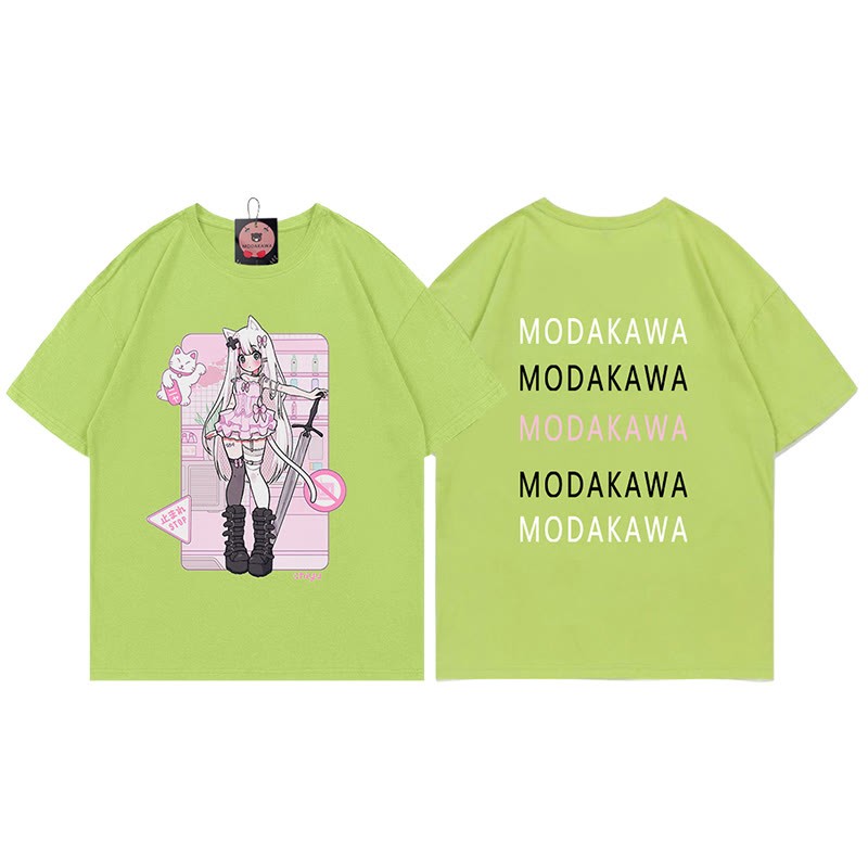 MODAKAWA X airii.exeキティガールレタープリント100%綿Tシャツ - Green - 5XL - image 10
