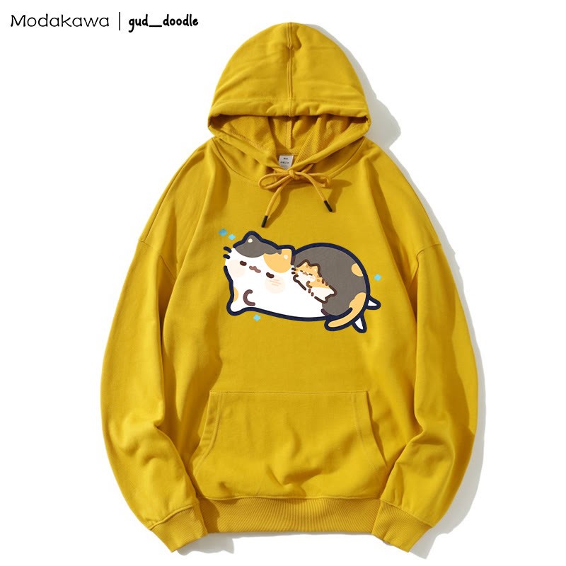 MODAKAWA X gud_doodleスリーピングキティプリント ルーズパーカー - Yellow - 5XL - image 7