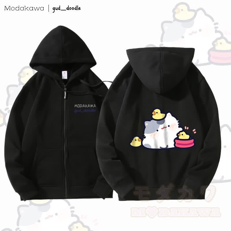 MODAKAWA x gud_doodleキティとひよこのグラフィック フリース裏地 ジップアップ フーディー スウェットシャツ - 黒 - 5XL - image 5