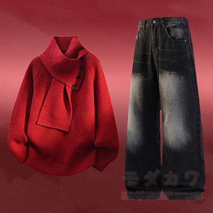 ニットフリース裏地セーターデニムパンツツーピース - セットD - 3XL - image 4