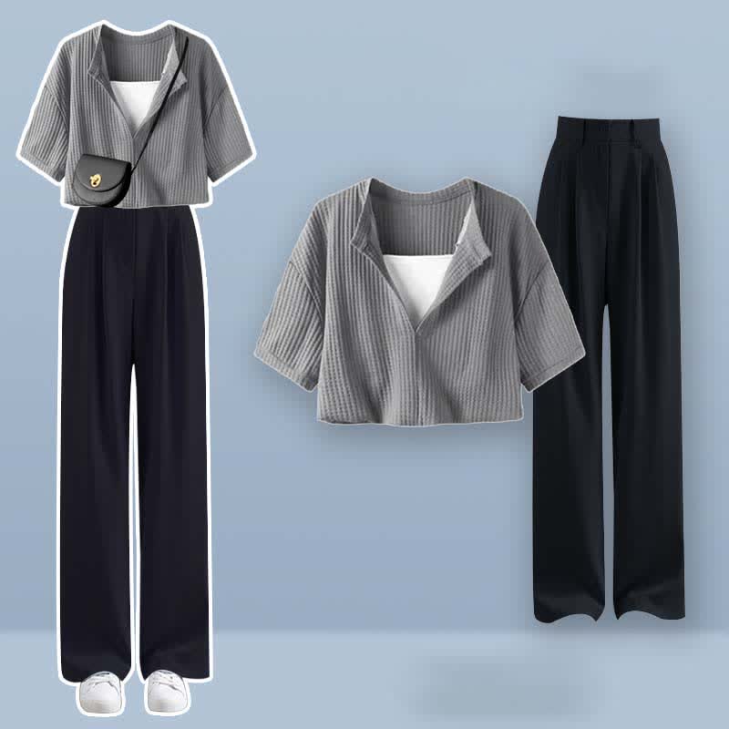 フェイクツーピース クロップトップ Tシャツ カジュアルパンツ ツーピースセット - Set G - XL - image 8