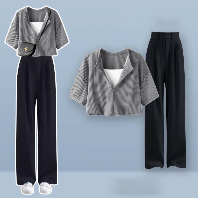 フェイクツーピース クロップトップ Tシャツ カジュアルパンツ ツーピースセット - Set G - XL - image 8