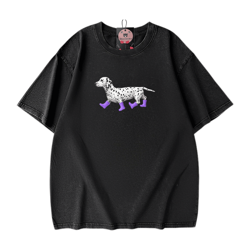 ダルメシアン柄Modakawaユニセックス ヴィンテージウォッシュドTシャツ - Black - 5XL - image 2