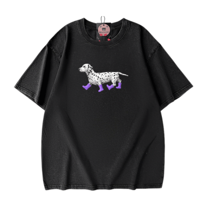 ダルメシアン柄Modakawaユニセックス ヴィンテージウォッシュドTシャツ - Black - 5XL - image 2