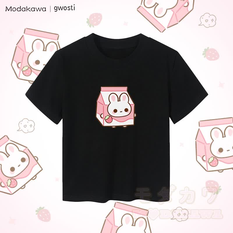 MODAKAWA X gwosti Strawbunny ミルクグラフィック レディース クロップドTシャツ 92% コーマ綿クロップトップ - 黒 - XL - image 5