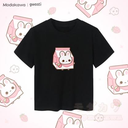 MODAKAWA X gwosti Strawbunny ミルクグラフィック レディース クロップドTシャツ 92% コーマ綿クロップトップ - 黒 - XL - image 5