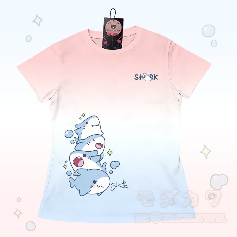 グラデーションシャークグラフィックTシャツ、レターグラフィックショーツ、Modakawaお揃いコーデ - ピンクとブルーのTシャツ - 5XL - image 6