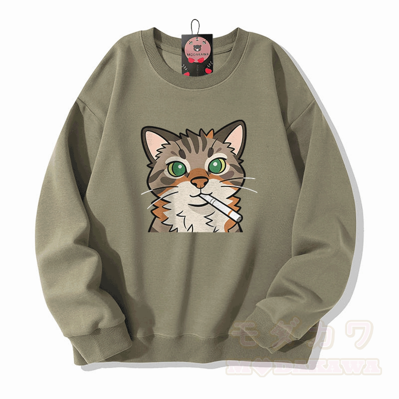 喫煙猫グラフィック入りModakawaユニセックススウェットシャツ - ライトカーキ - 5XL - image 4