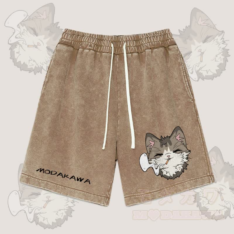 MODAKAWA スモーキングキャットグラフィック ヴィンテージウォッシュドストリートウェアショーツ - 茶色 - 3XL - image 3