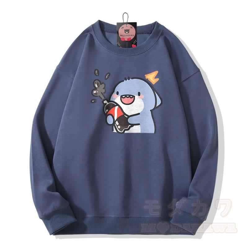 面白いサメのグラフィック入りModakawaユニセックス スウェットシャツ - ダスティブルー - 5XL - image 5