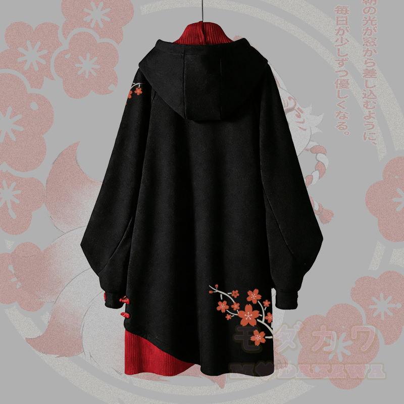 桜の花模様の九尾狐グラフィックバックルヴィンテージフード付きスウェットシャツドレス - image 3