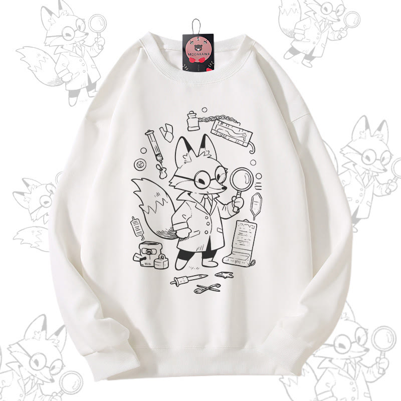 MODAKAWA Fox Doing Research グラフィック ユニセックス スウェットシャツ - White - 5XL - image 2