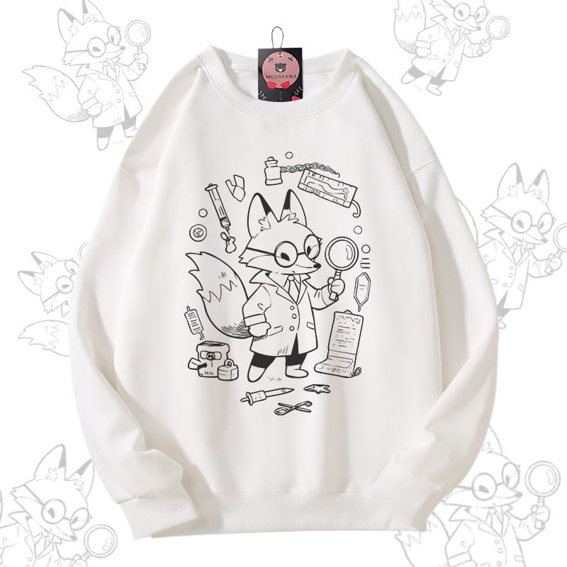 MODAKAWA Fox Doing Research グラフィック ユニセックス スウェットシャツ - White - 5XL - image 2