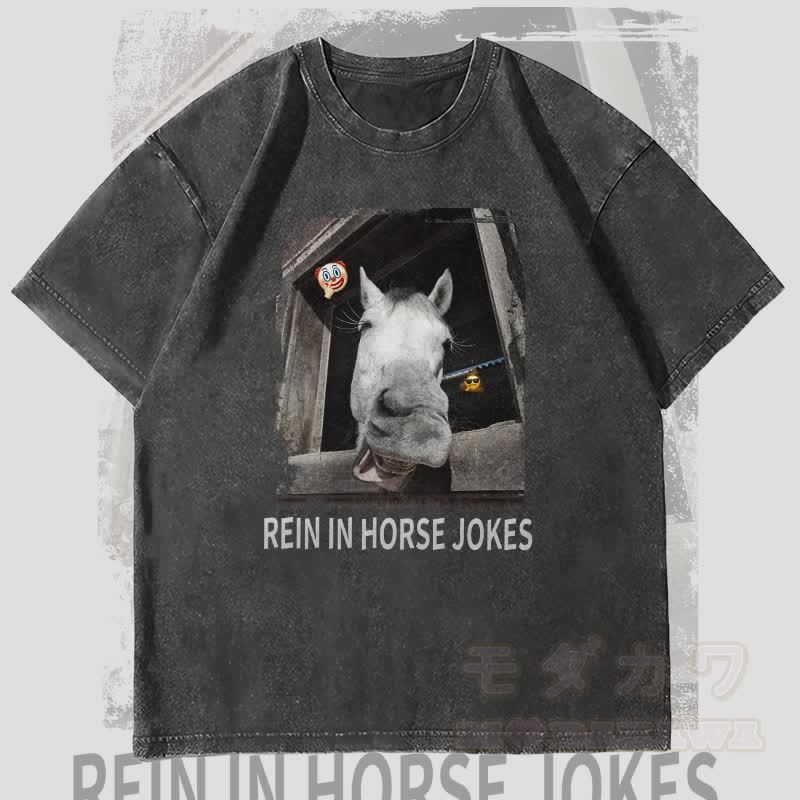 MODAKAWA REIN IN HORSE JOKES 馬のグラフィック ユニセックス ヴィンテージ ウォッシュド Tシャツ - 黒 - 4XL - image 4