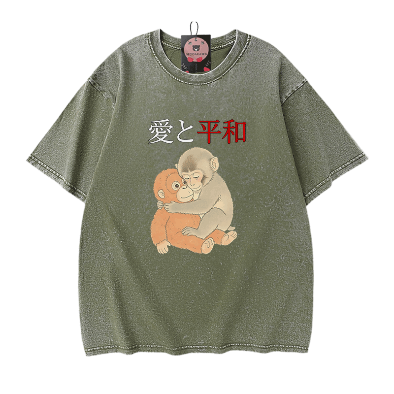 ピース・ラブ・ハグ・パンチ・モンキー・グラフィックModakawaヴィンテージウォッシュ加工綿100% Tシャツ - Green - 5XL - image 8