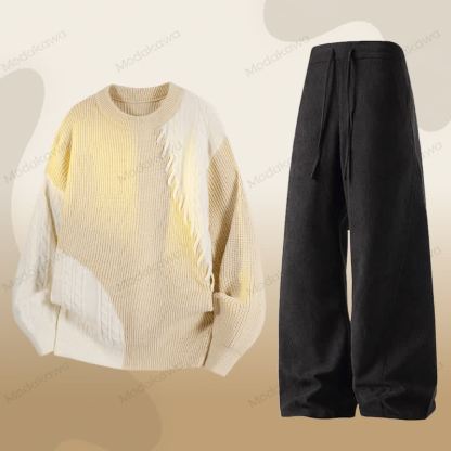 ニットカラーブロックセーター コーデュロイパンツ ツーピース - セットD - 3XL - image 4