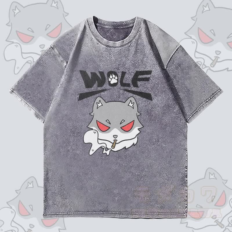 MODAKAWA スモーキングウルフ グラフィック ユニセックス ヴィンテージウォッシュTシャツ - グレー - 4XL - image 3