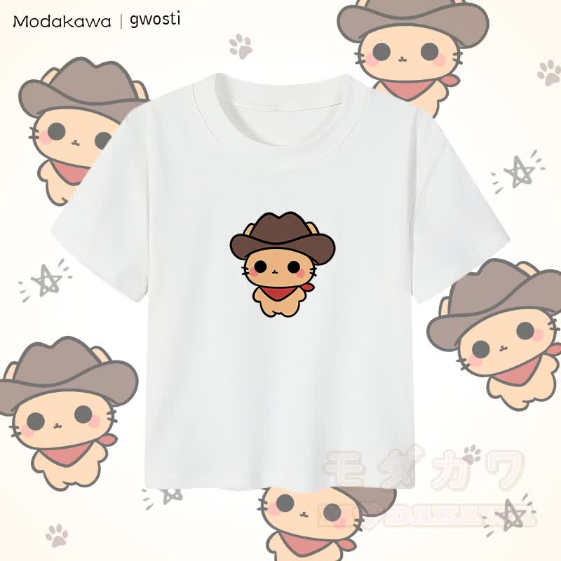 MODAKAWA X gwosti ブラウン Meowdy グラフィック レディース クロップド Tシャツ 92% コーマ綿クロップトップ - 白 - XL - image 5