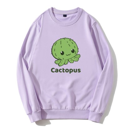 CACTOPUS サボテン タコ グラフィック ラウンドカラー スウェットシャツ - 紫 - 5XL - image 3