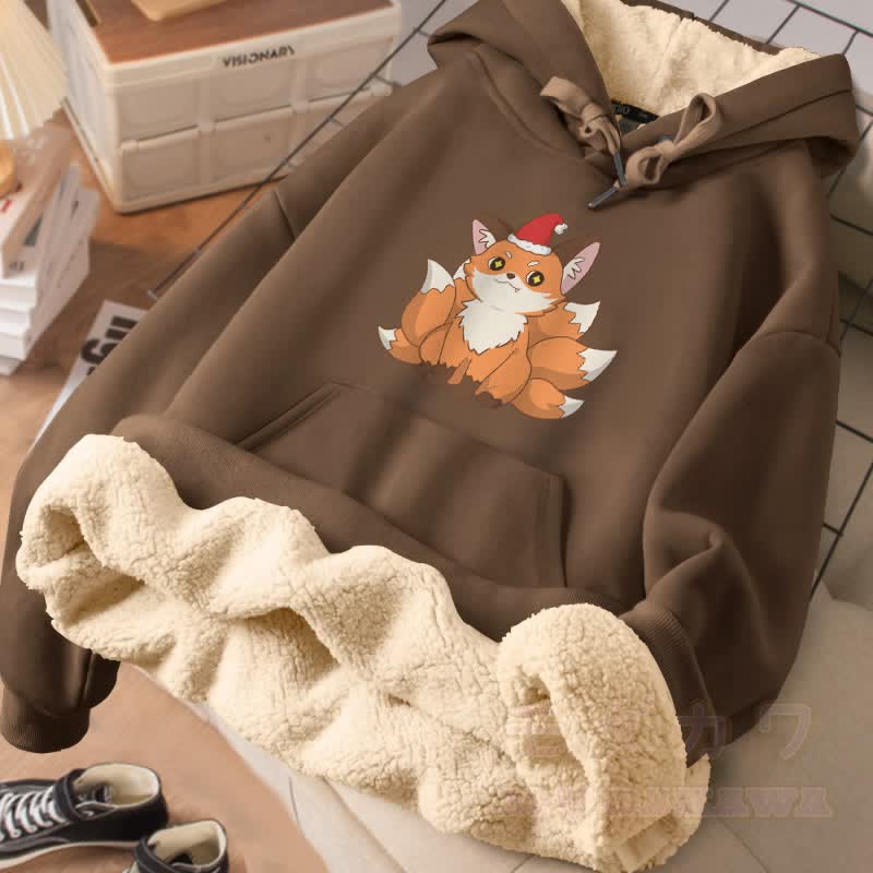 MODAKAWA クリスマス 九尾の狐 グラフィック 厚手 裏起毛冬パーカー - 茶色 - 2XL - image 3