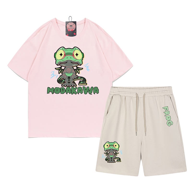 面白いカエルのグラフィックとダークな美的Tシャツとショートパンツの2点セット - ピンク＆アプリコット - あ - 5XL - image 4