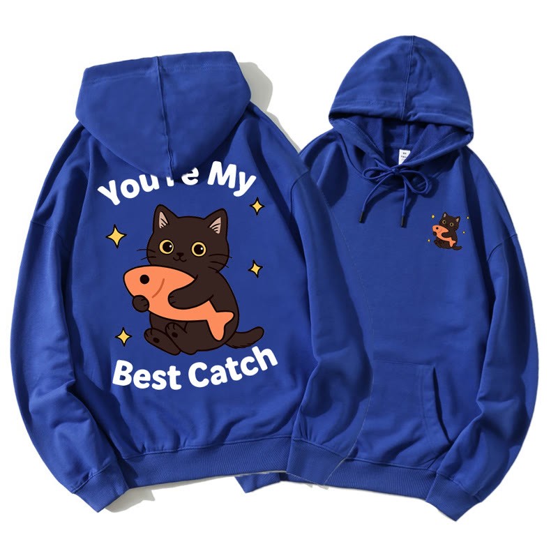 魚を抱くキティのグラフィックカップルマッチングパーカー - Blue B - 5XL - image 13