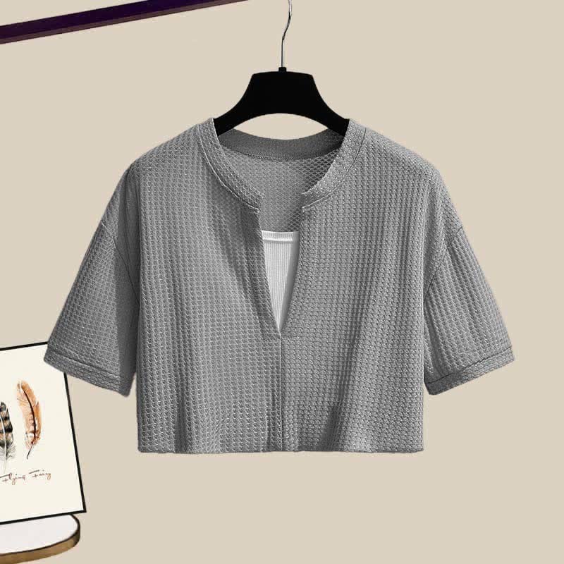 フェイクツーピース クロップトップ Tシャツ カジュアルパンツ ツーピースセット - image 14