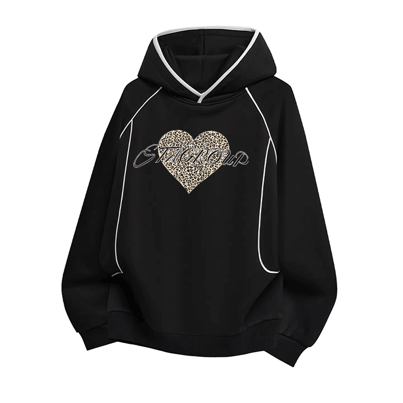 レオパードハート柄のModakawaラグランスリーブ オーバーサイズ プルオーバーパーカー - Black - 3XL - image 2