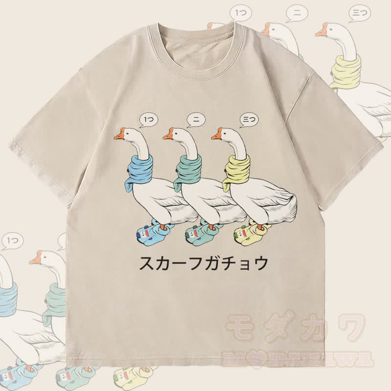 MODAKAWA スリースカーフ ガチョウ グラフィック ユニセックス ヴィンテージ ウォッシュド Tシャツ - ベージュ - 4XL - image 3