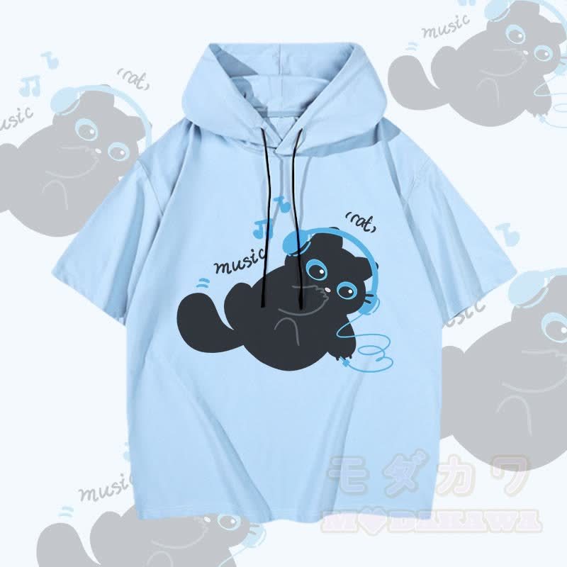 MODAKAWA 音楽を聴く猫のグラフィック半袖パーカー - 青 - 3XL - image 4