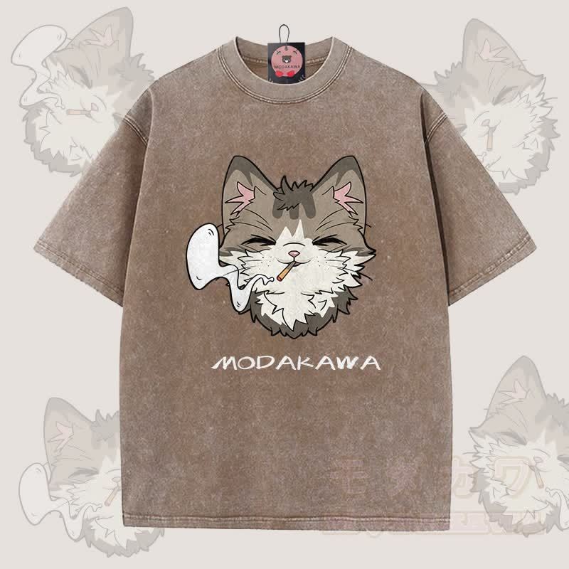 MODAKAWA スモーキングキャットグラフィック ユニセックス ヴィンテージウォッシュTシャツ - 茶色 - 5XL - image 6