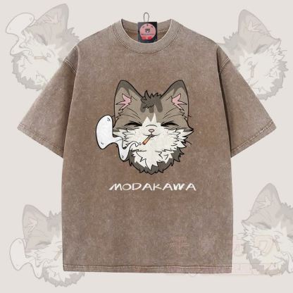 MODAKAWA スモーキングキャットグラフィック ユニセックス ヴィンテージウォッシュTシャツ - 茶色 - 5XL - image 6