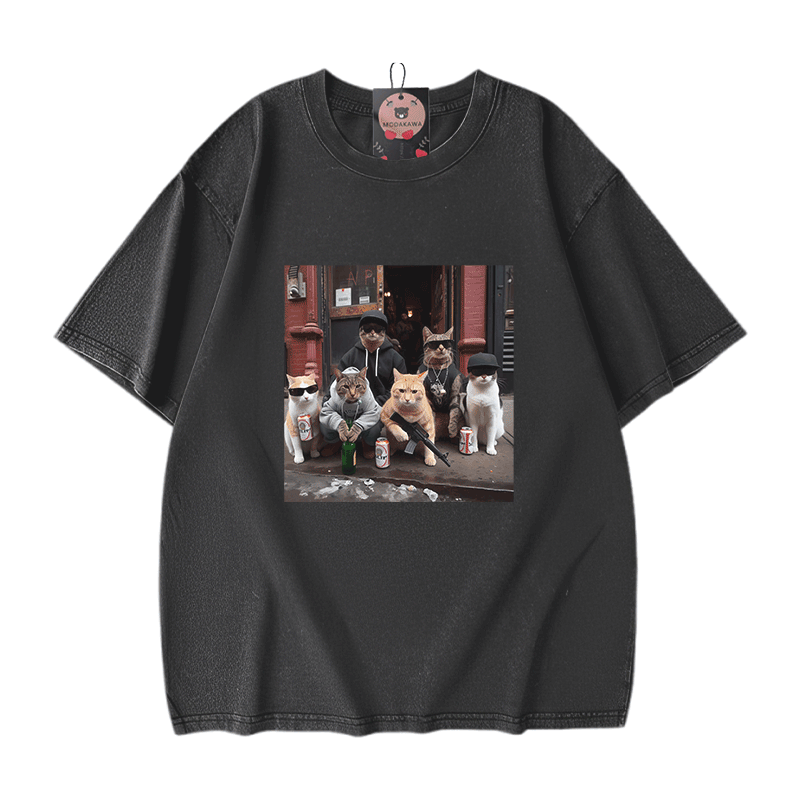 ストリートキャットクルー グラフィックModakawaユニセックス ヴィンテージウォッシュドTシャツ - Black - 5XL - image 2