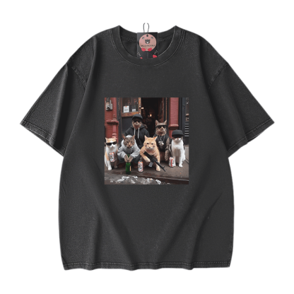 ストリートキャットクルー グラフィックModakawaユニセックス ヴィンテージウォッシュドTシャツ - Black - 5XL - image 2