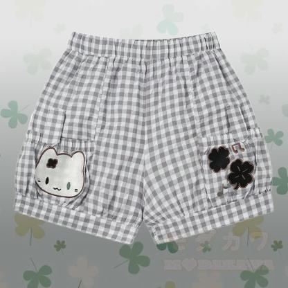 フロックキャットグラフィックラグランTシャツ、キティギンガムショーツ、Modakawaお揃いコーデ - グレーのショートパンツ - L - image 7