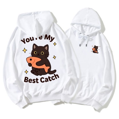 魚を抱くキティのグラフィックカップルマッチングパーカー - White B - 5XL - image 5