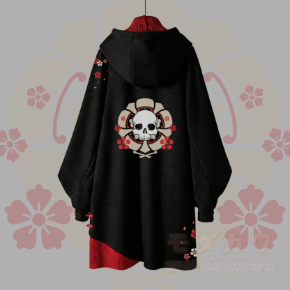 桜スカルグラフィックバックルヴィンテージフード付きスウェットシャツドレス - image 3