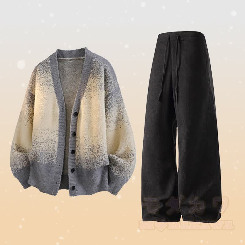 グラデーションニットカーディガン セーター ポケットパンツ ツーピース - セットC - 3XL - image 3