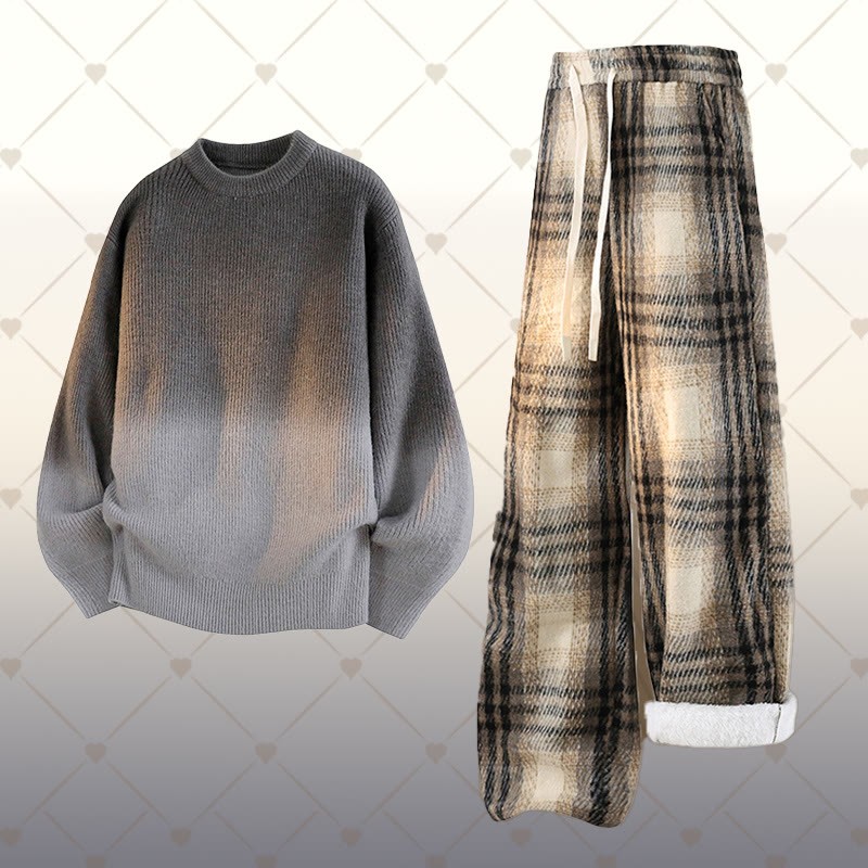 グラデーションニットセーター チェック柄 フリース裏地パンツ ツーピース - Set C - 2XL - image 3