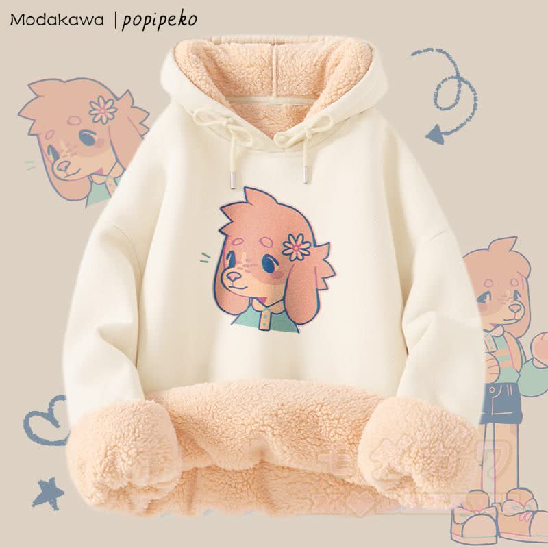 MODAKAWA X popipeko キュートな子犬のグラフィック 厚手裏起毛冬パーカー - アプリコットB - 2XL - image 7
