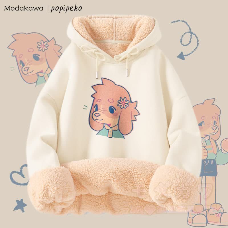 MODAKAWA X popipeko キュートな子犬のグラフィック 厚手裏起毛冬パーカー - アプリコットB - 2XL - image 7