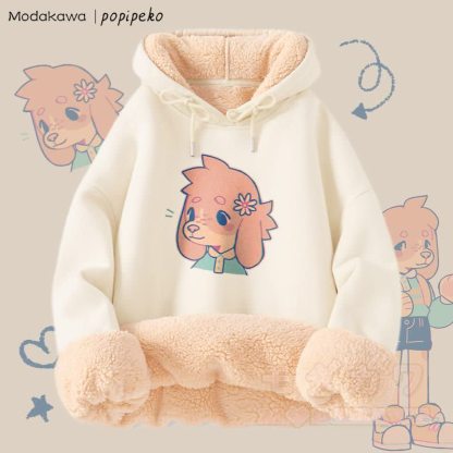 MODAKAWA X popipeko キュートな子犬のグラフィック 厚手裏起毛冬パーカー - アプリコットB - 2XL - image 7